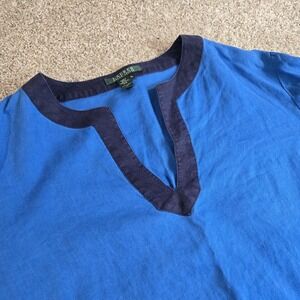Lauren Ralph Lauren 100% Linen Tunic Blouse Top Blue Navy Contrast Trim Women XL